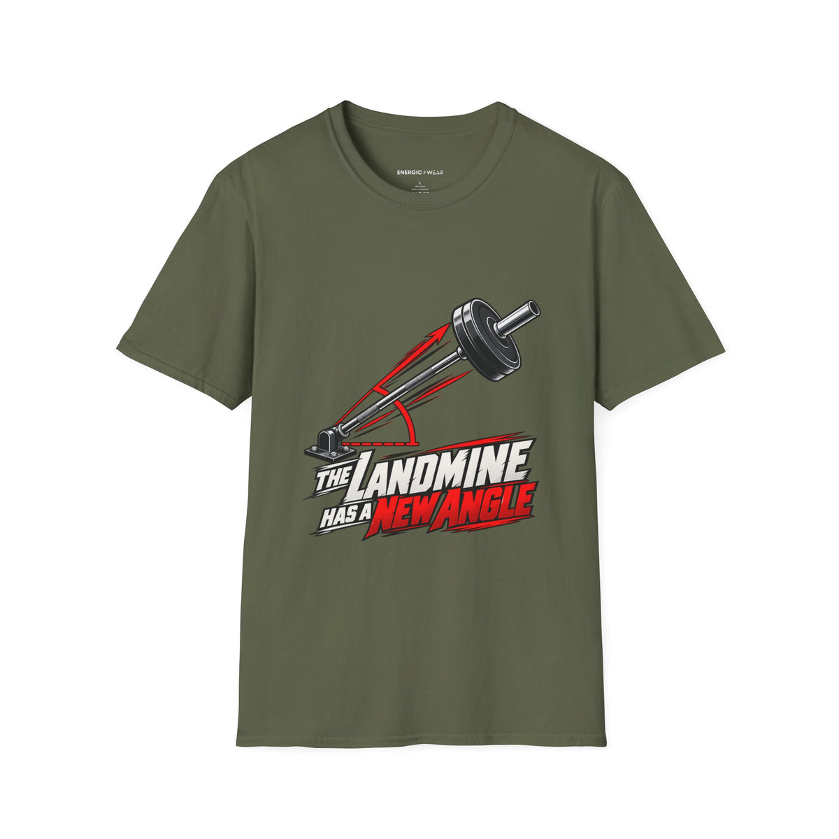 Graphic fitness T-shirt featuring the "The Landmine Has a New Angle" design.