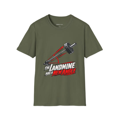 Graphic fitness T-shirt featuring the "The Landmine Has a New Angle" design.