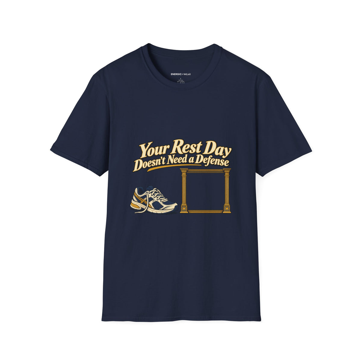 Graphic fitness T-shirt featuring the "Your Rest Day Doesn't Need a Defense" design.
