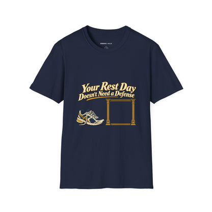 Graphic fitness T-shirt featuring the "Your Rest Day Doesn't Need a Defense" design.