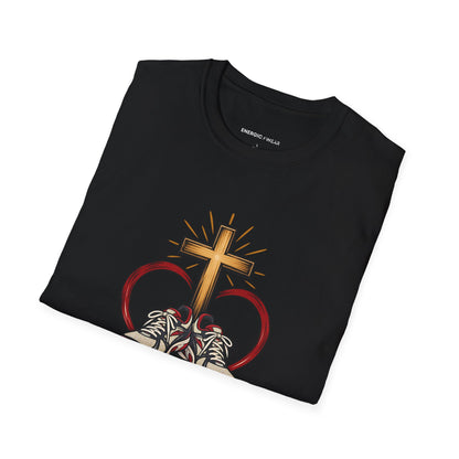 Graphic fitness T-shirt featuring the "An Open Heart and a Ready Pair of Shoes" design.
