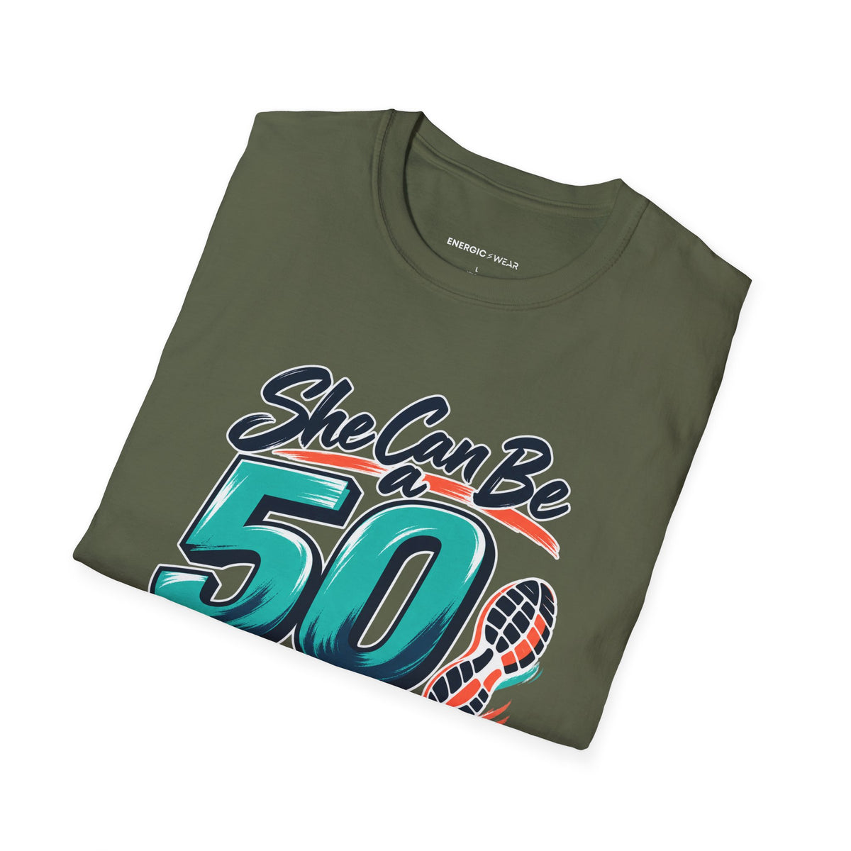 Graphic fitness T-shirt featuring the "She Can Be a Beginner at Fifty" design.