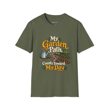 Graphic fitness T-shirt featuring the "My Garden Path Counts Toward My Day" design.