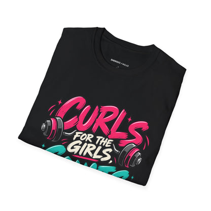 Graphic fitness T-shirt featuring the "Curls for the Girls, Squats for the Thoughts" design.