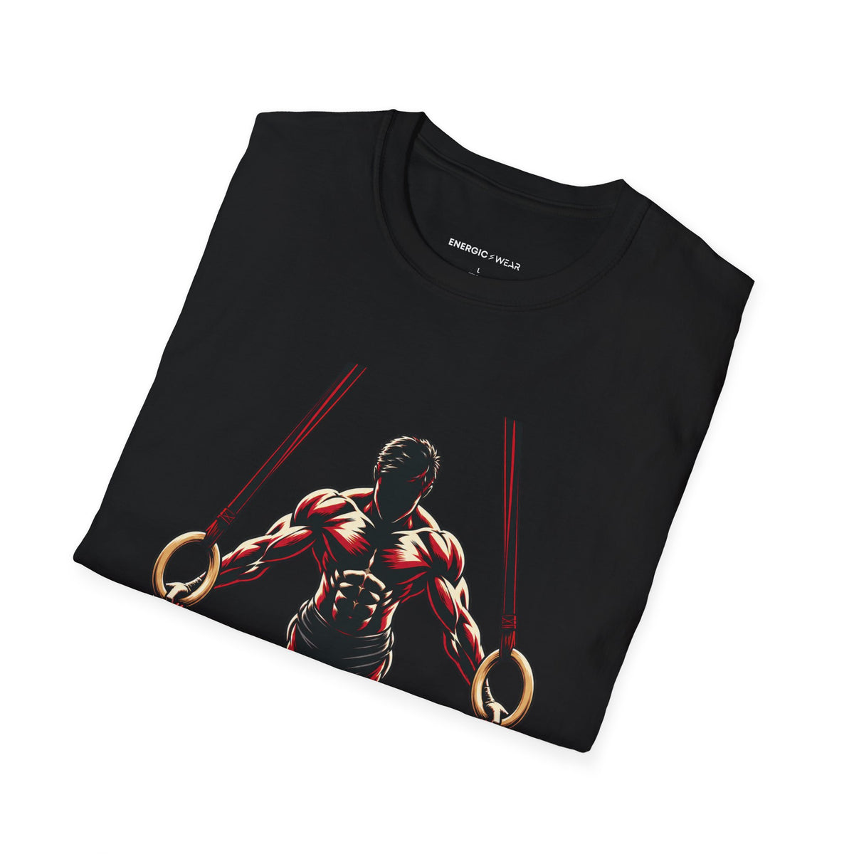 Graphic fitness T-shirt featuring the "Rings Ask Every Muscle to Listen" design.