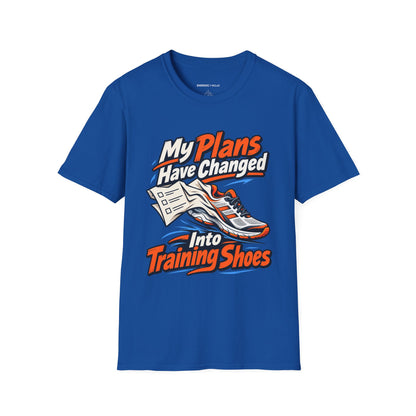 Graphic fitness T-shirt featuring the "My Plans Have Changed Into Training Shoes" design.