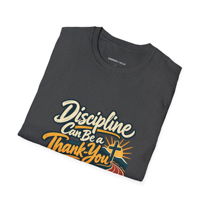 Graphic fitness T-shirt featuring the "Discipline Can Be a Thank-You" design.