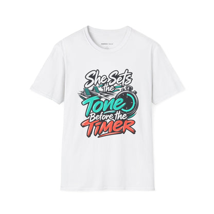Graphic fitness T-shirt featuring the "She Sets the Tone Before the Timer" design.