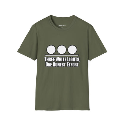 Graphic fitness T-shirt featuring the "Three White Lights One Honest Effort" design.