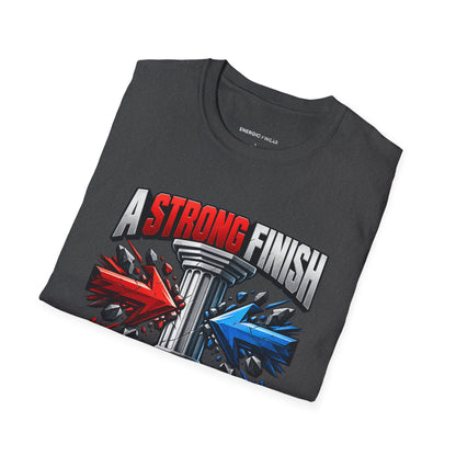 Graphic fitness T-shirt featuring the "A Strong Finish Starts With a Stable Middle" design.