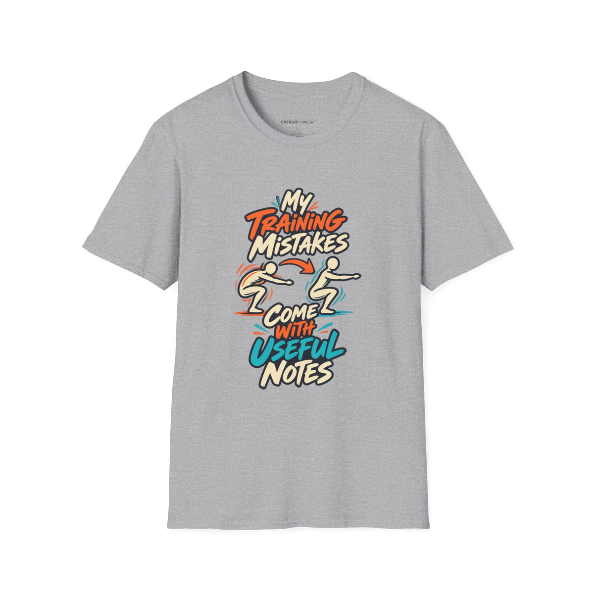 Graphic fitness T-shirt featuring the "My Training Mistakes Come With Useful Notes" design.