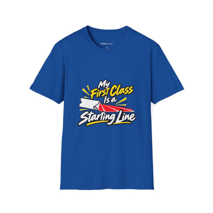 Graphic fitness T-shirt featuring the "My First Class Is a Starting Line" design.