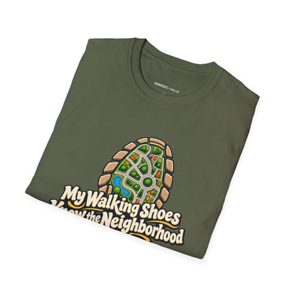 Graphic fitness T-shirt featuring the "My Walking Shoes Know the Neighborhood" design.