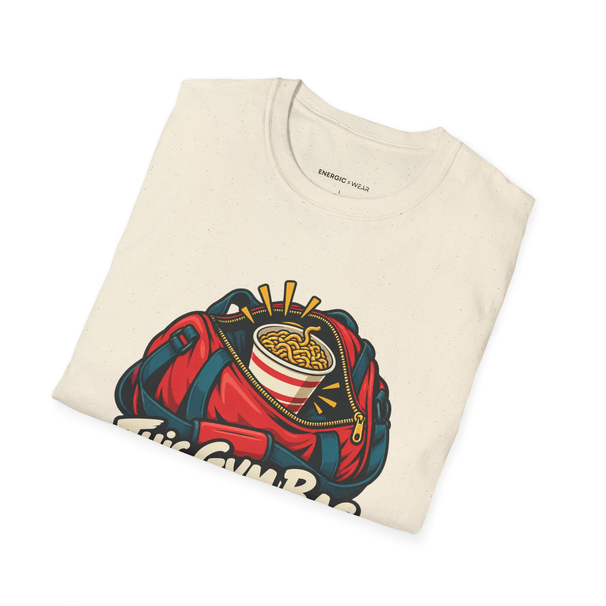 Graphic fitness T-shirt featuring the "This Gym Bag Contains Emergency Noodles" design.