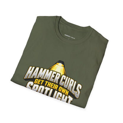 Graphic fitness T-shirt featuring the "Hammer Curls Get Their Own Spotlight" design.