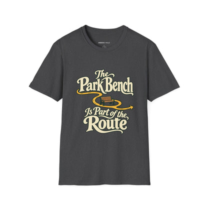 Graphic fitness T-shirt featuring the "The Park Bench Is Part of the Route" design.