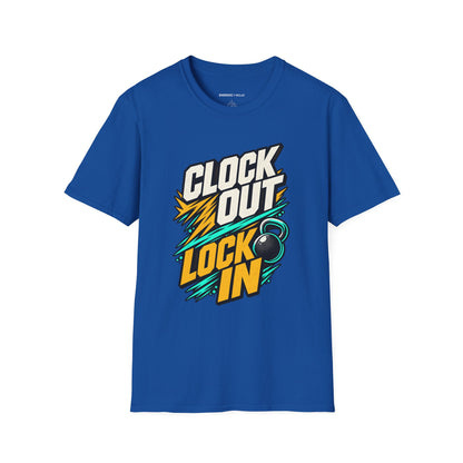 Graphic fitness T-shirt featuring the "Clock Out, Lock In" design.