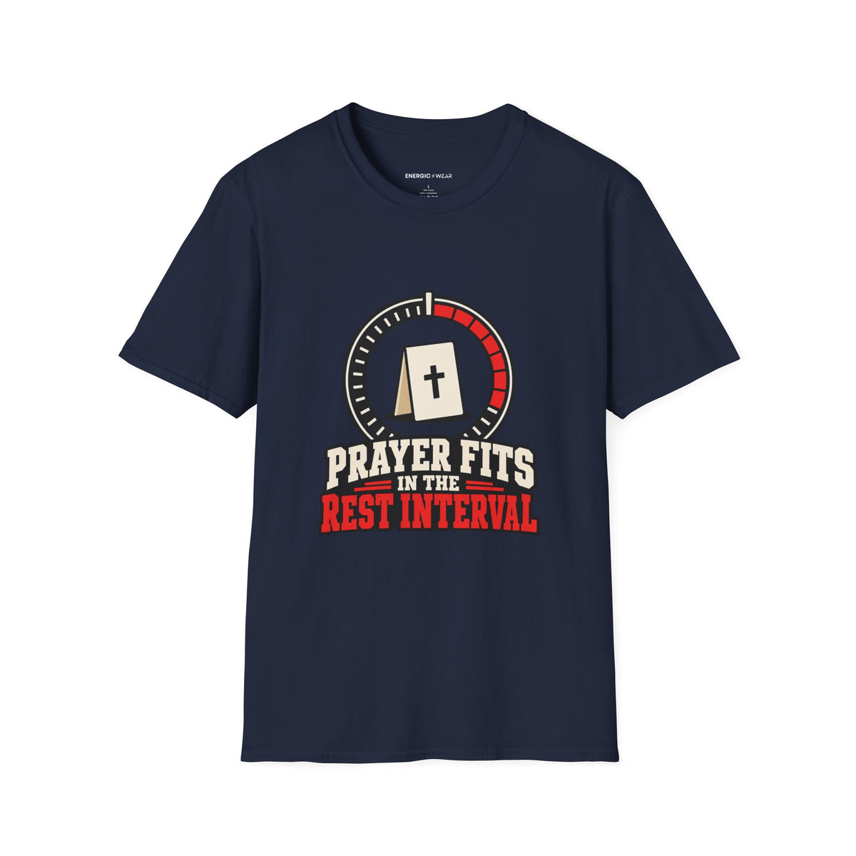 Graphic fitness T-shirt featuring the "Prayer Fits in the Rest Interval" design.