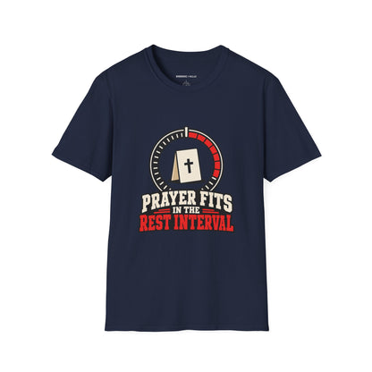 Graphic fitness T-shirt featuring the "Prayer Fits in the Rest Interval" design.