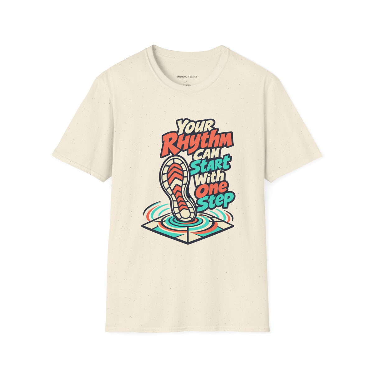 Graphic fitness T-shirt featuring the "Your Rhythm Can Start With One Step" design.