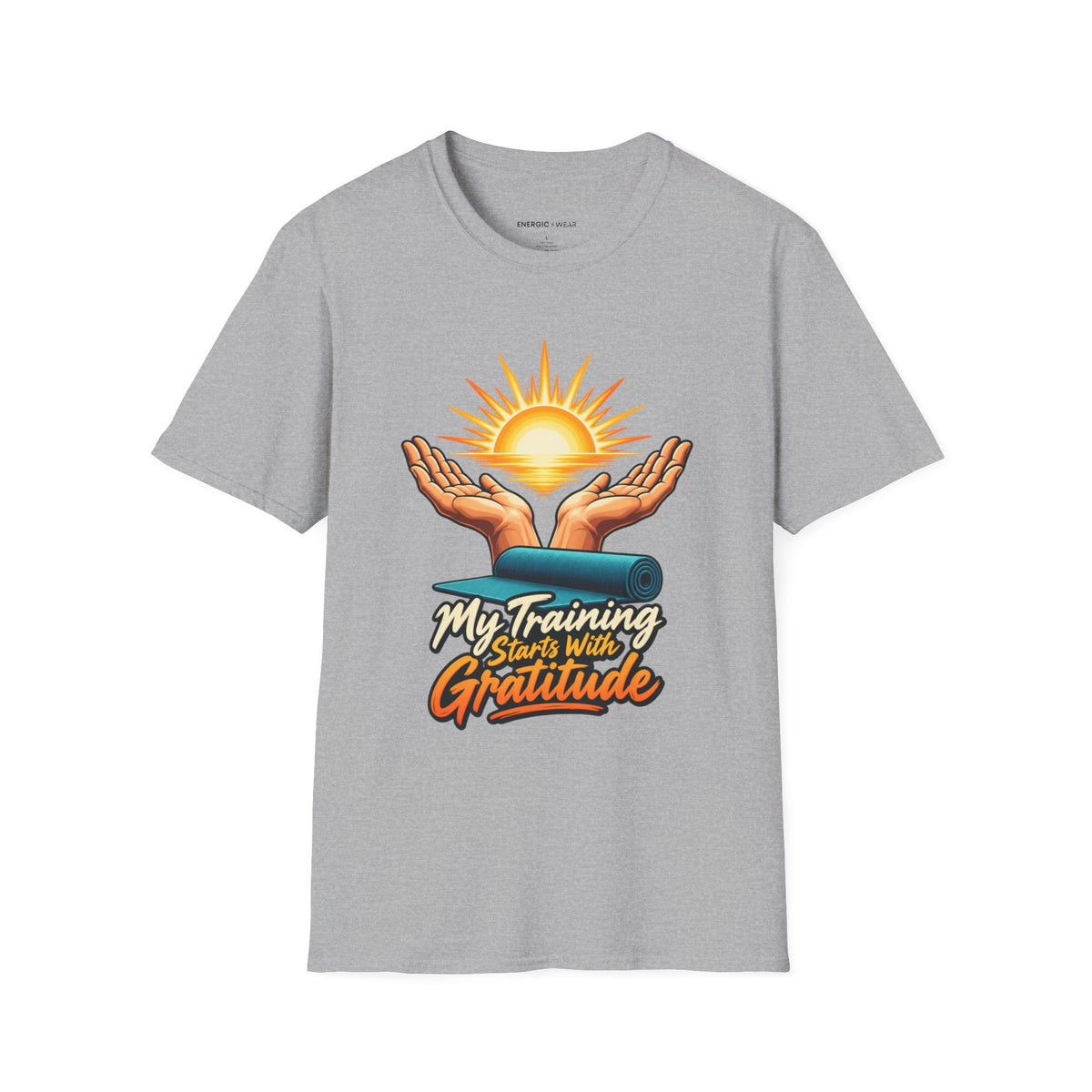 Graphic fitness T-shirt featuring the "My Training Starts with Gratitude" design.