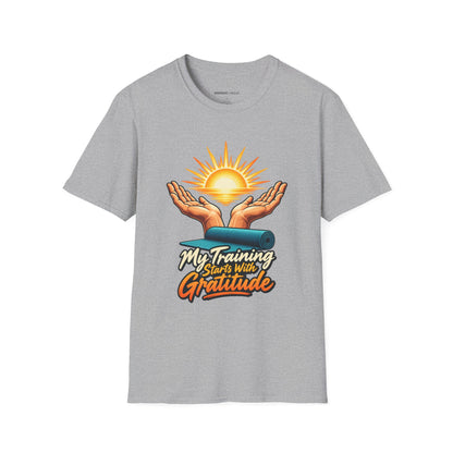 Graphic fitness T-shirt featuring the "My Training Starts with Gratitude" design.