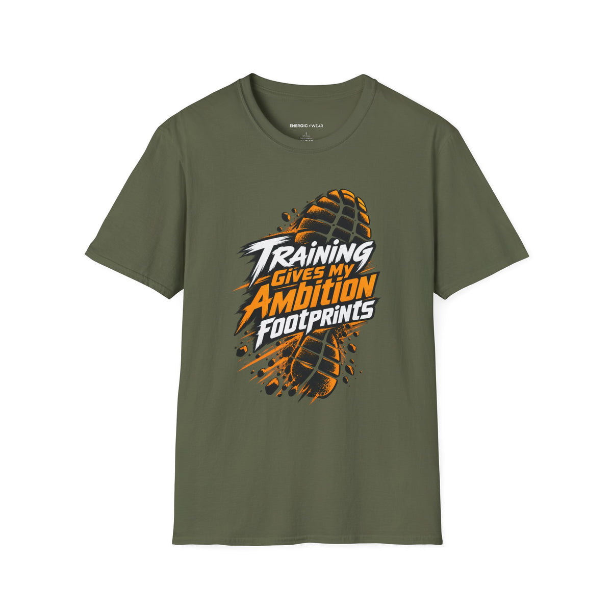 Graphic fitness T-shirt featuring the "Training Gives My Ambition Footprints" design.