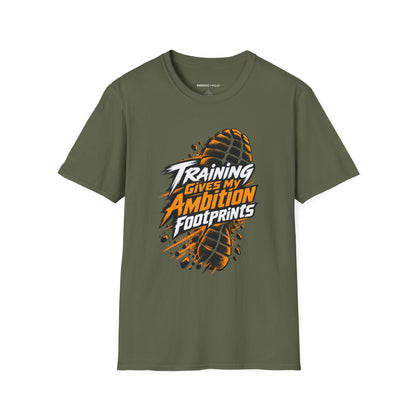 Graphic fitness T-shirt featuring the "Training Gives My Ambition Footprints" design.