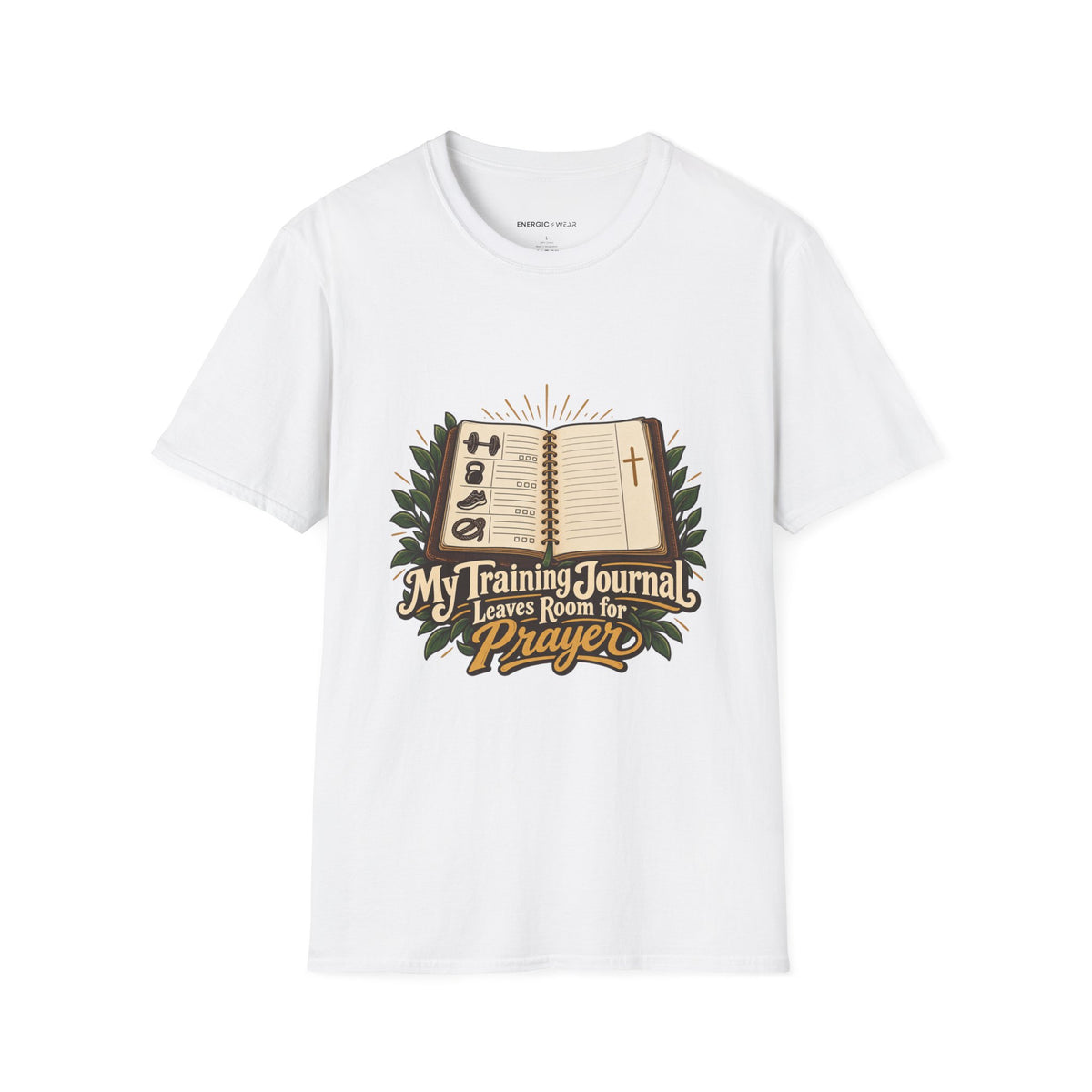 Graphic fitness T-shirt featuring the "My Training Journal Leaves Room for Prayer" design.