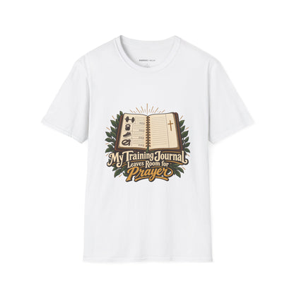 Graphic fitness T-shirt featuring the "My Training Journal Leaves Room for Prayer" design.