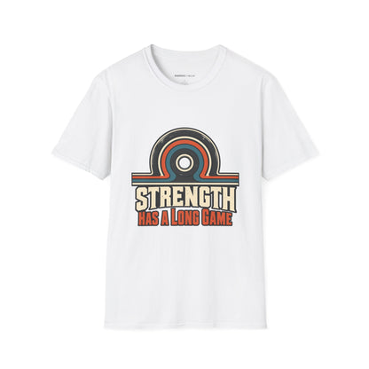 Graphic fitness T-shirt featuring the "Strength Has a Long Game" design.