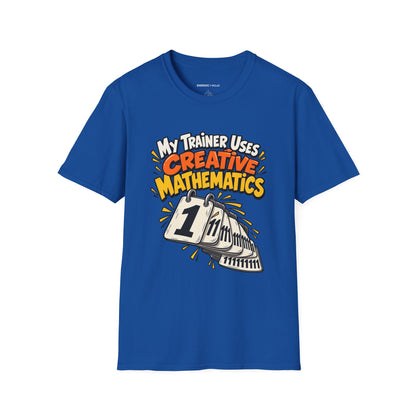 Graphic fitness T-shirt featuring the "My Trainer Uses Creative Mathematics" design.