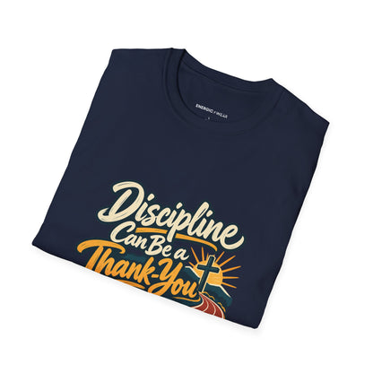 Graphic fitness T-shirt featuring the "Discipline Can Be a Thank-You" design.