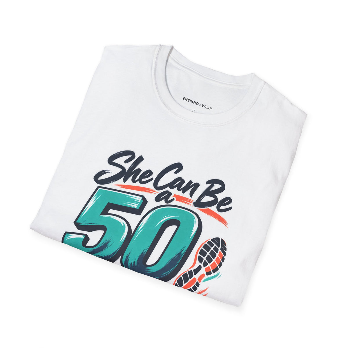 Graphic fitness T-shirt featuring the "She Can Be a Beginner at Fifty" design.