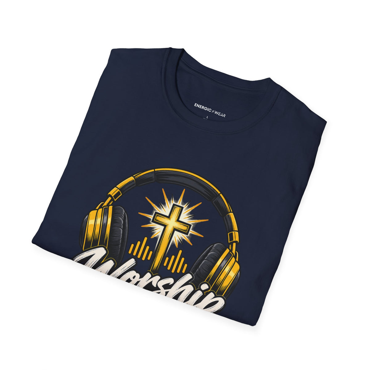 Graphic fitness T-shirt featuring the "Worship Has a Place on My Playlist" design.