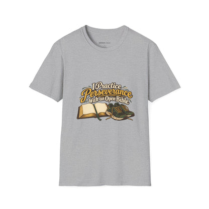 Graphic fitness T-shirt featuring the "I Practice Perseverance with an Open Bible" design.