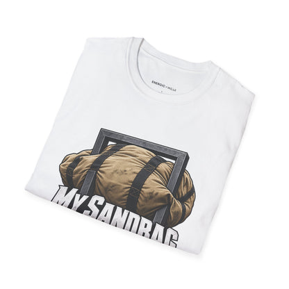 Graphic fitness T-shirt featuring the "My Sandbag Rearranges the Rules of Heavy" design.