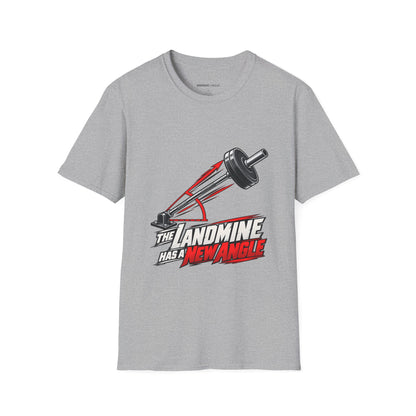 Graphic fitness T-shirt featuring the "The Landmine Has a New Angle" design.