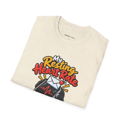Graphic fitness T-shirt featuring the "My Resting Heart Rate Has a Work Email" design.