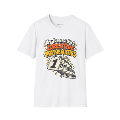 Graphic fitness T-shirt featuring the "My Trainer Uses Creative Mathematics" design.