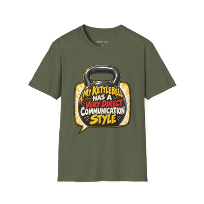Graphic fitness T-shirt featuring the "My Kettlebell Has a Very Direct Communication Style" design.