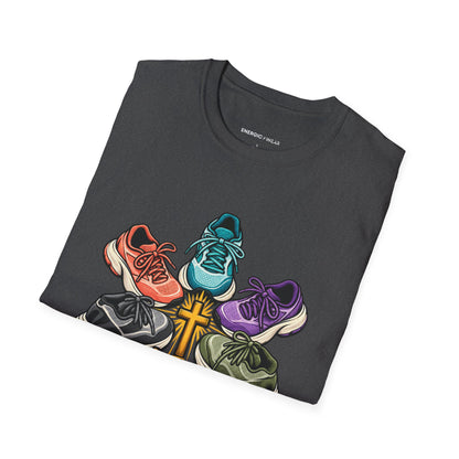 Graphic fitness T-shirt featuring the "Faith Is in My Team Huddle" design.