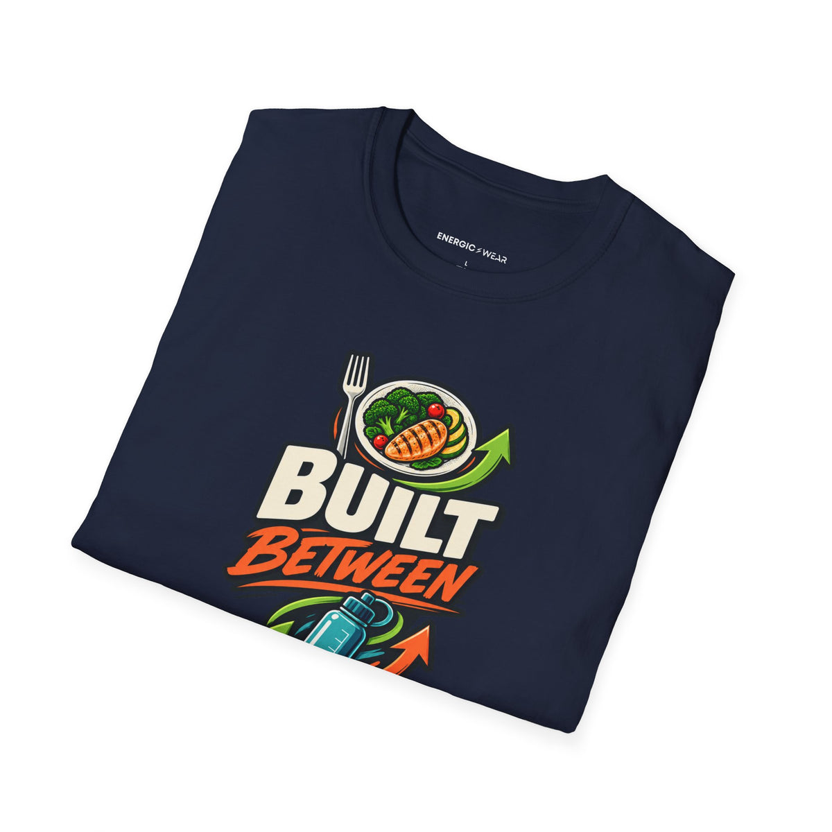 Graphic fitness T-shirt featuring the "Built Between Meals" design.