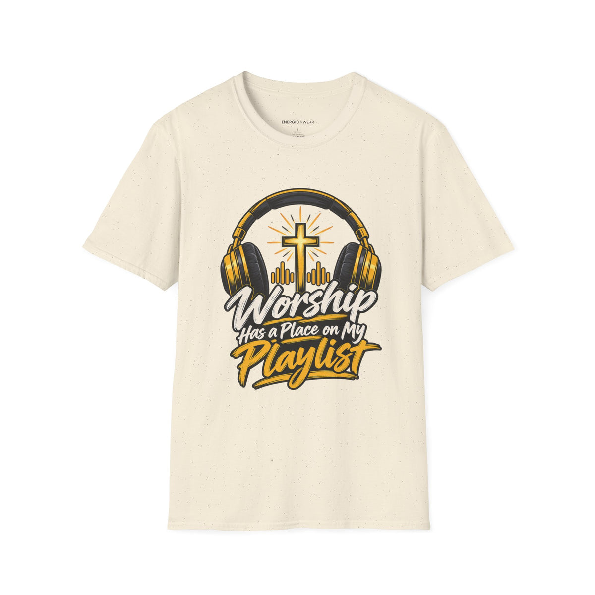 Graphic fitness T-shirt featuring the "Worship Has a Place on My Playlist" design.