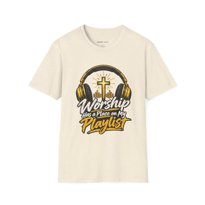 Graphic fitness T-shirt featuring the "Worship Has a Place on My Playlist" design.