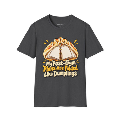 Graphic fitness T-shirt featuring the "My Post-Gym Plans Are Folded Like Dumplings" design.