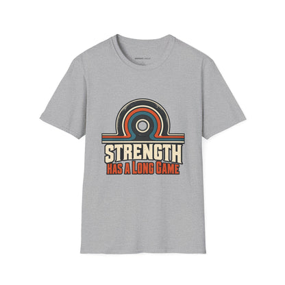 Graphic fitness T-shirt featuring the "Strength Has a Long Game" design.