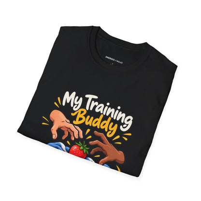 Graphic fitness T-shirt featuring the "My Training Buddy Stole the Last Strawberry" design.