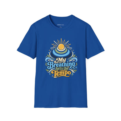 Graphic fitness T-shirt featuring the "My Breathing Sets the Tempo" design.