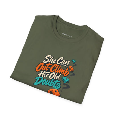 Graphic fitness T-shirt featuring the "She Can Out-Climb Her Old Doubts" design.